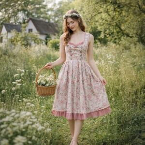 MarJo Trachten Dirndl Dress Floral Lace Overlay EU 48 Pink Oktoberfest Milkmaid